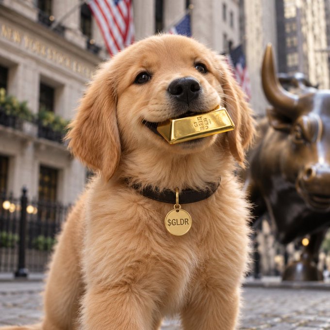 Golden Retriever puppy on Wall Street holding a gold bar, wearing a $GLDR tag