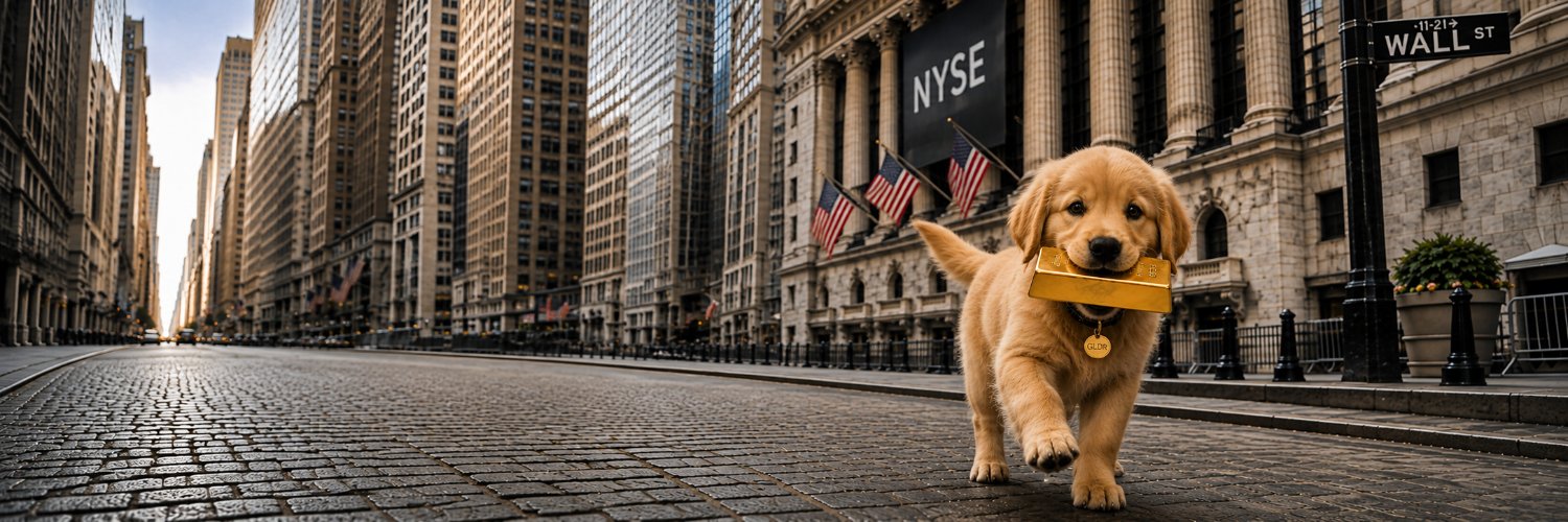 Golden Retriever walking Wall Street with a gold bar in front of the NYSE